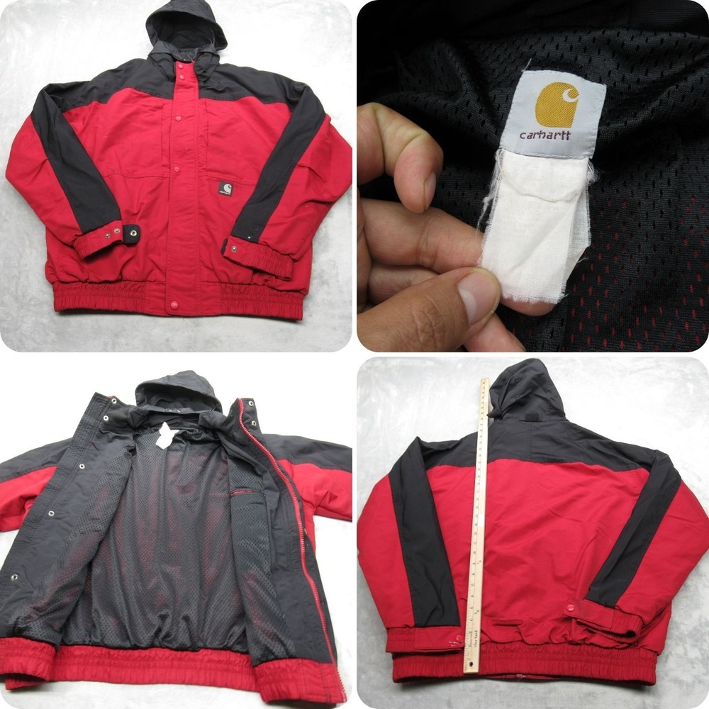 Carhartt Jacket Mens Large? Red Black Pocket Hood Waterproof Full Zip Relax READ
